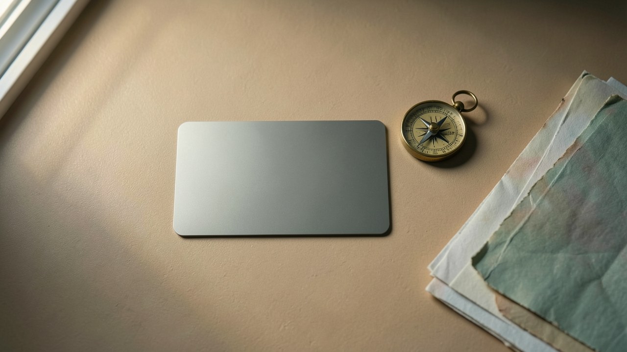 A modern credit card lying on a desk next to a small compass and a neatly stacked pile of documents, with a warm, focused light.