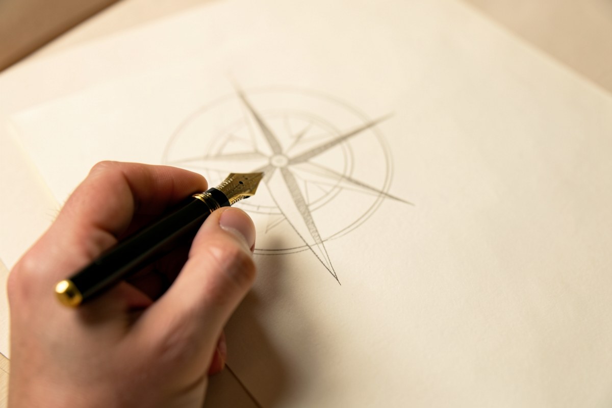 A close-up of a writing hand holding a pen over a sheet of paper with a compass rose sketched in the background.