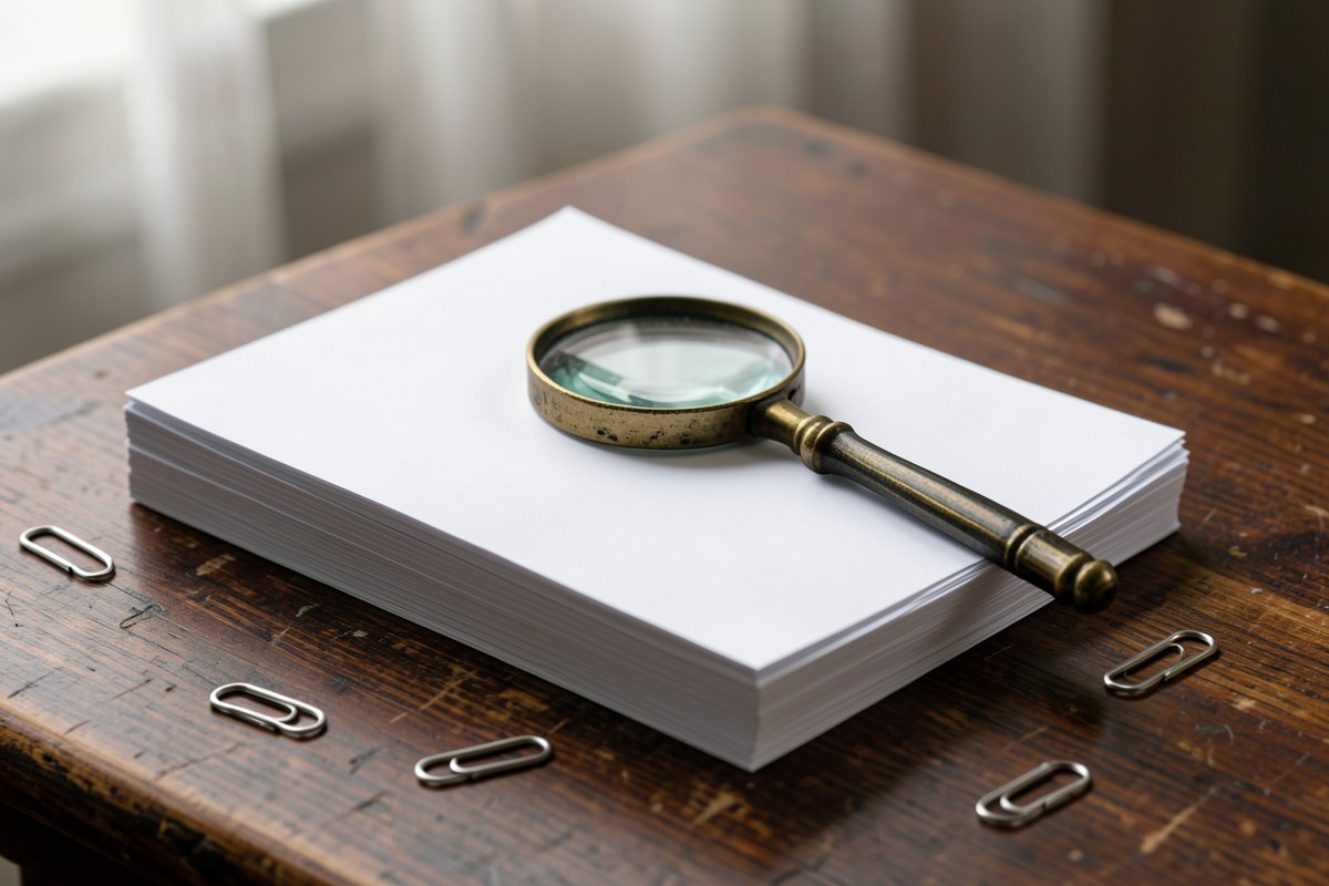 A stack of neatly organized documents with paper clips and a vintage magnifying glass on top, symbolizing thorough review.