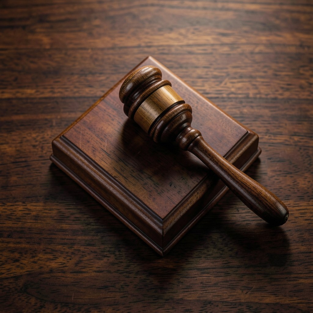 A gavel on a polished wooden block, representing legal agreements and terms.