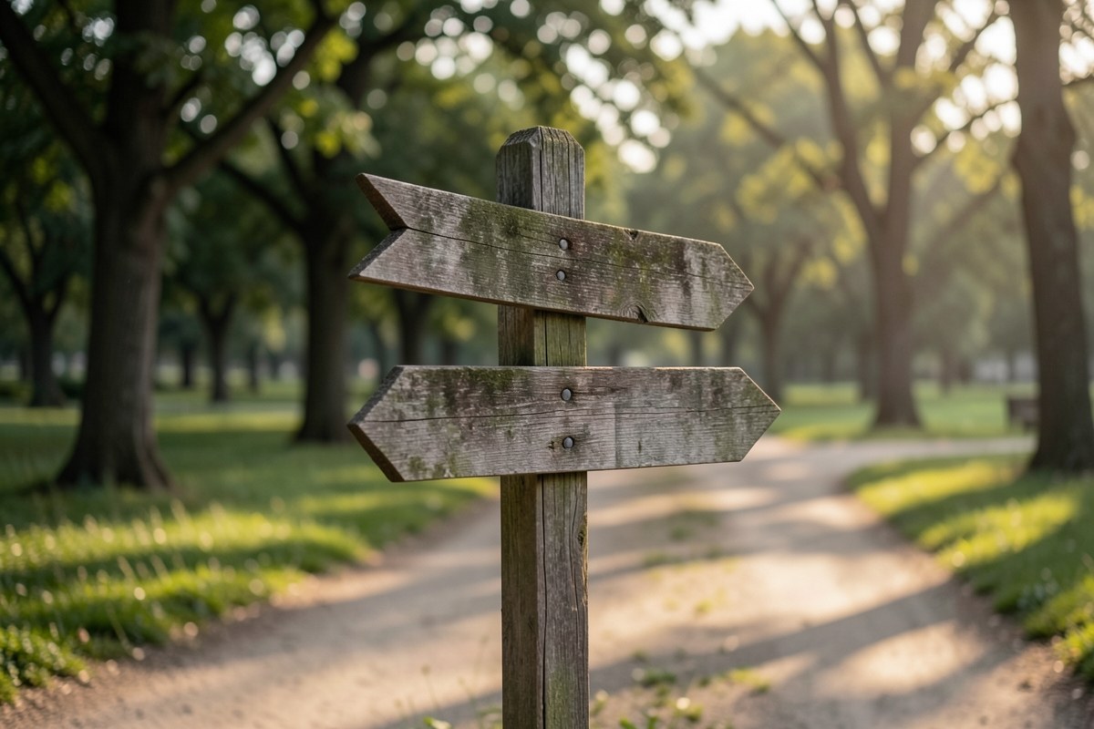 A signpost with multiple blank directional arrows on a path, symbolizing choices and the need for guidance.