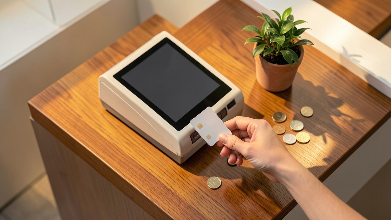 A person holding a credit card near a cash register, with a small pile of coins and a receipt on the counter.