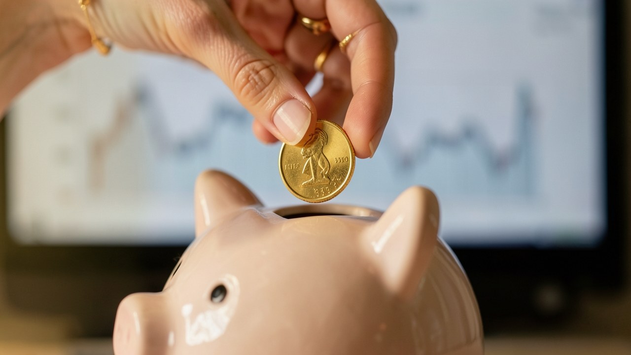 A hand placing a coin into a piggy bank, with a background of charts and graphs out of focus.