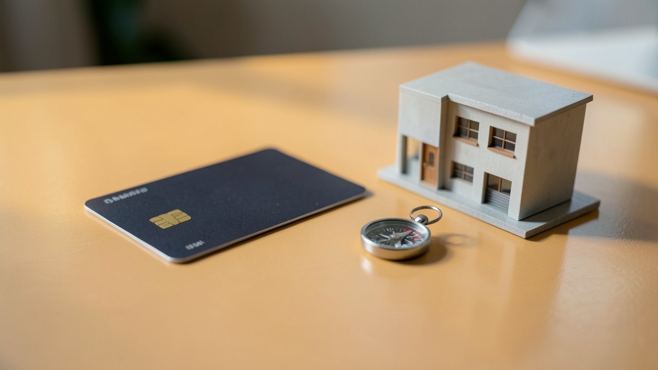A modern credit card and a small model building on a table, symbolizing the relationship between cardholders and financial institutions.