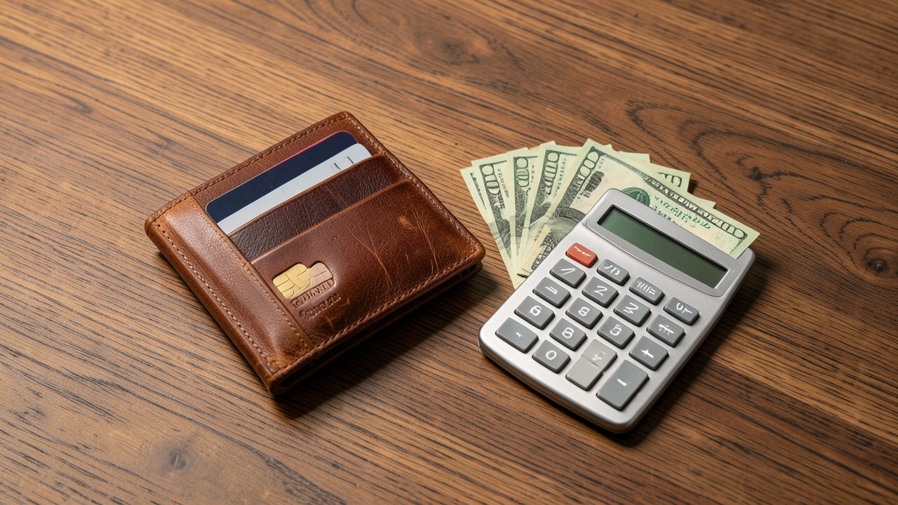 A wallet with a few cards and a small calculator, with a stack of dollar bills fanned out beside it.