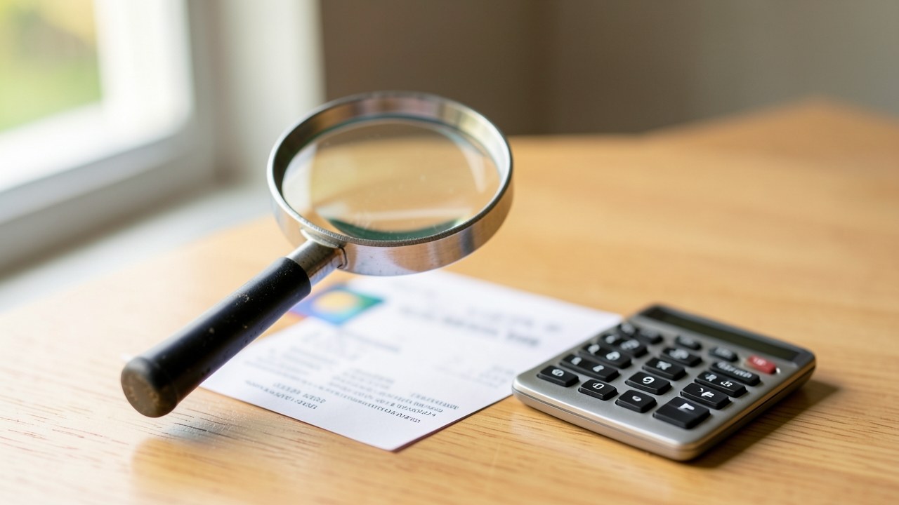 A magnifying glass inspecting a credit card statement, with a calculator nearby.