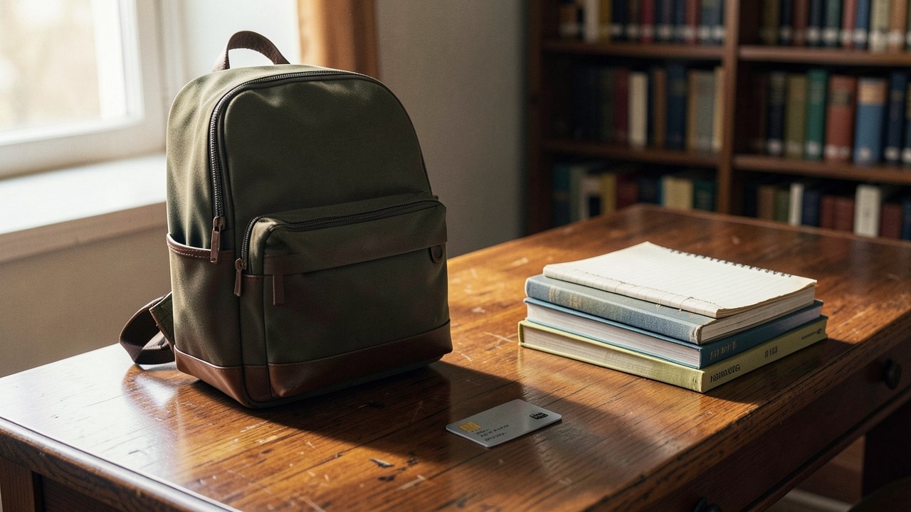 A backpack on a library table next to an unmarked credit card and a stack of books.
