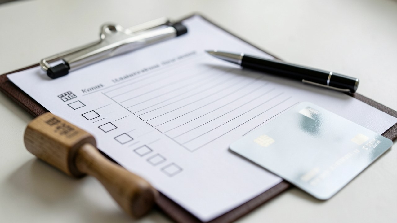 A checklist on a clipboard with a pen, an unmarked credit card, and a small 'Approved' stamp (stamp text isn't readable).