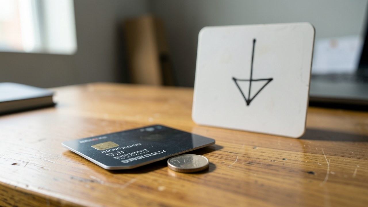 A downward arrow drawn on a small whiteboard, with an unmarked credit card and a coin placed in front.