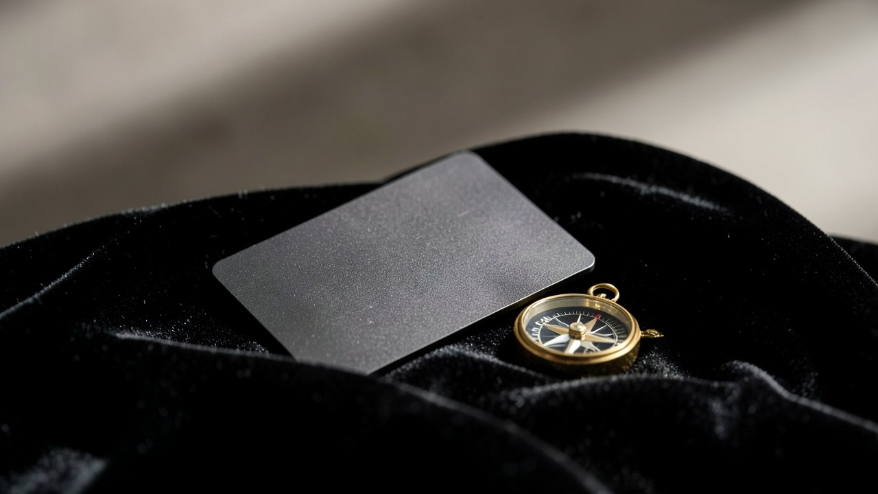 A luxury credit card in a dark metal finish on a velvet cloth, with a small gold compass beside it.