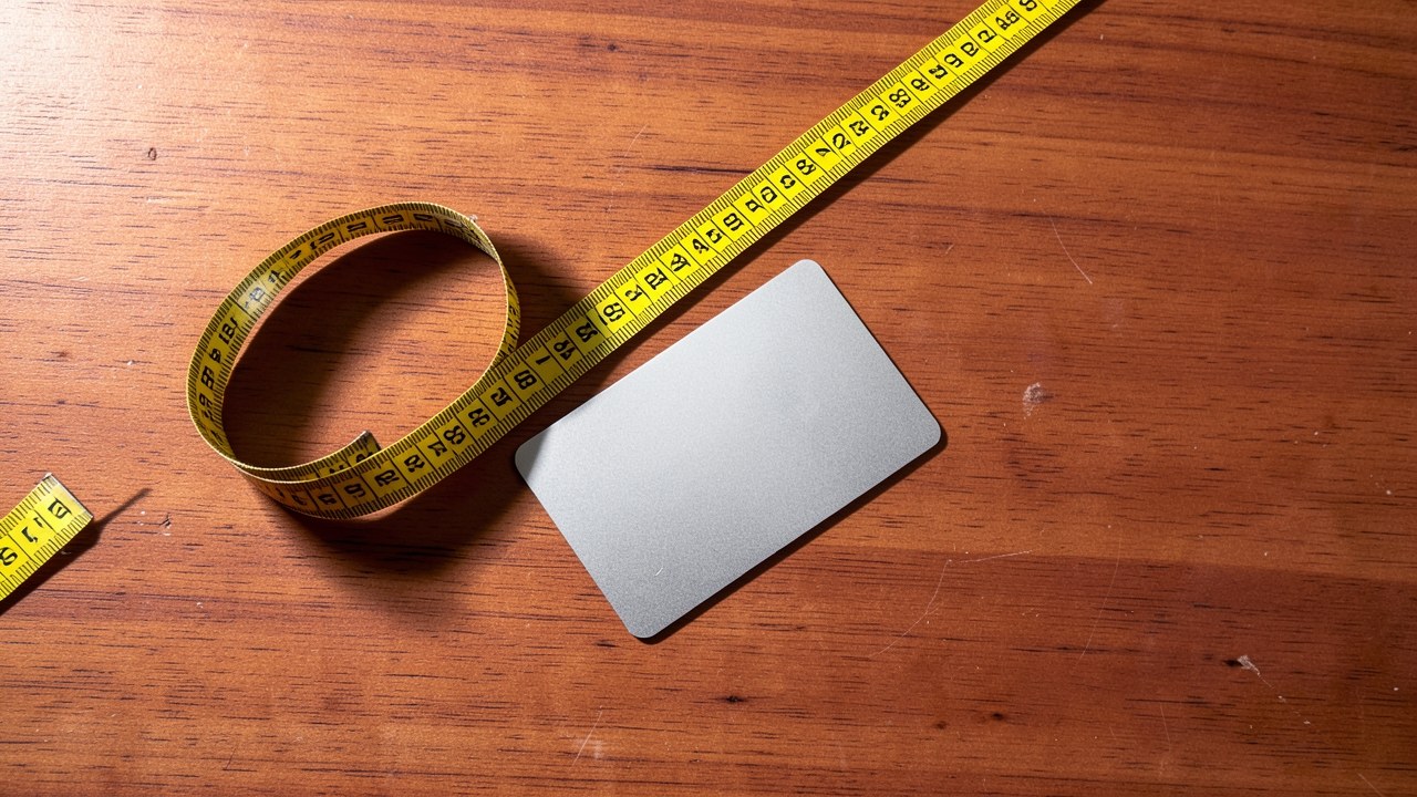 A rolled-up measuring tape and an unmarked credit card on a table, signifying credit limit.